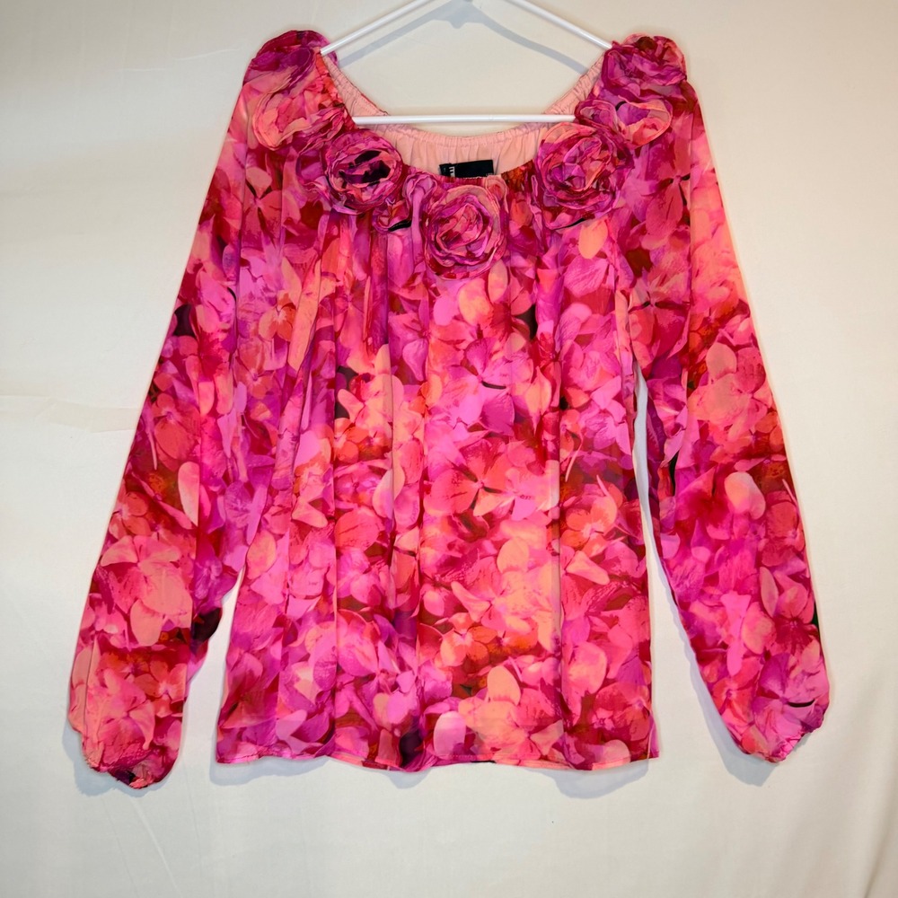 Leslie Fay Pink Floral Rosette Chiffon Blouse Long Sleeve Size 10